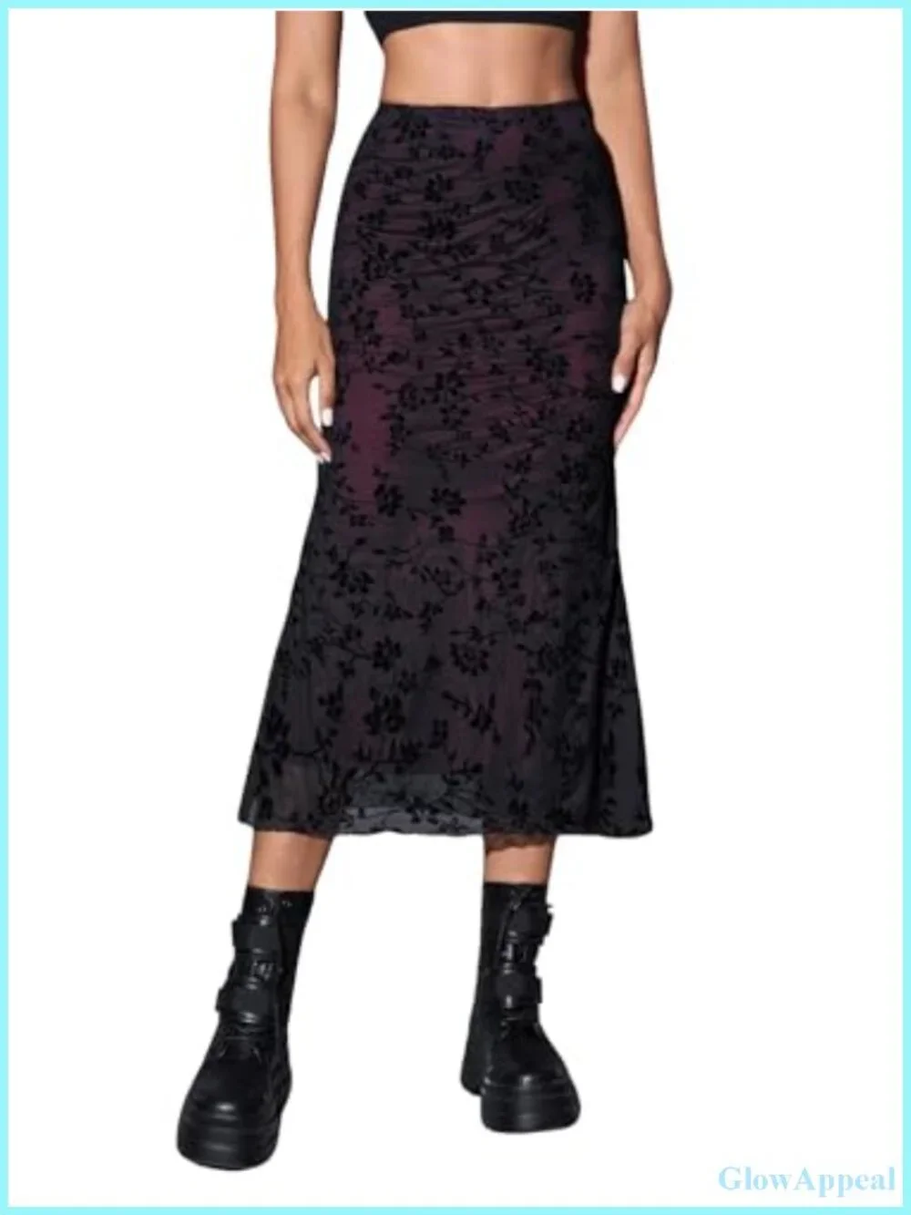 Women's Fishnet High Waisted Bodycon Skirt 90s Y2K Grunge Floral Goth Midi Skirt